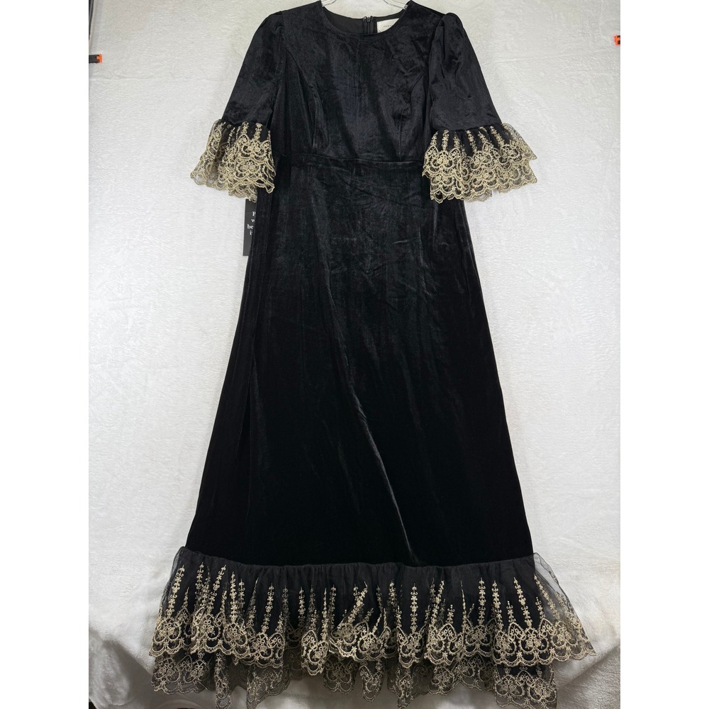 Pomander Place Black Velvet Gold Lace Trim Short Sleeve Maxi Dress Womens L